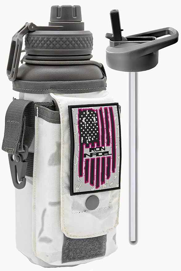 Iron Infidel Battle Bottle - 32 Oz Insulated Water Bottle with Straw Lid & Chug Cap, Stainless Steel Metal Flask Includes Rugged, Removable Sleeve for Keys, Wallet, & Phone (Arctic Camo 1 Liter)