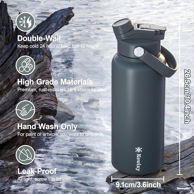 KEWIXY 32 oz Insulated Water Bottle, 2-in-1 Lid, Straw & Spout with Protected, Leak Proof, Keep Cold, Stainless Steel, Metal, Reusable, Handle, for Outdoor, Gym and School, 2 Lids, Char Gray