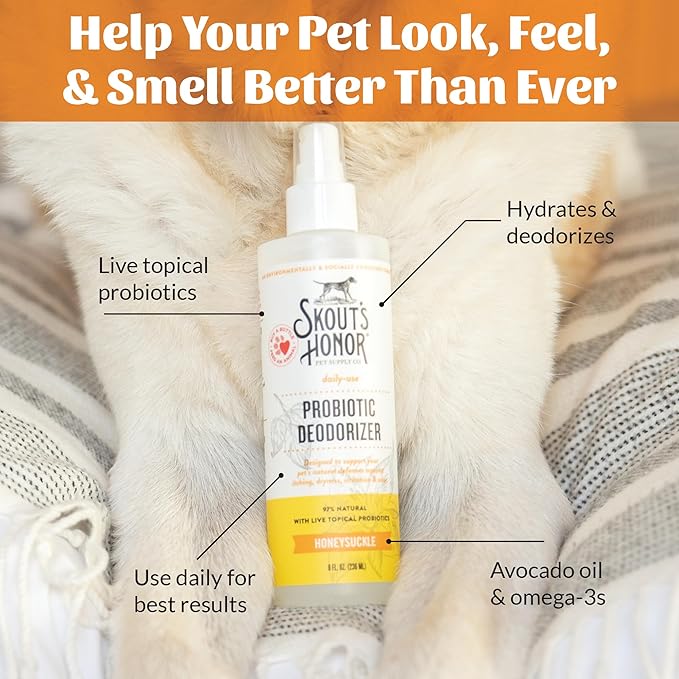 Skout's Honor Probiotic Pet Deodorizer Spray- Hydrating Daily-Use with Avocado Oil & Omega-3s, Microbiome Friendly Certiified, Paraben & Sulfate-Free, 97% Natural, 8oz, Honeysuckle - AquaVibe