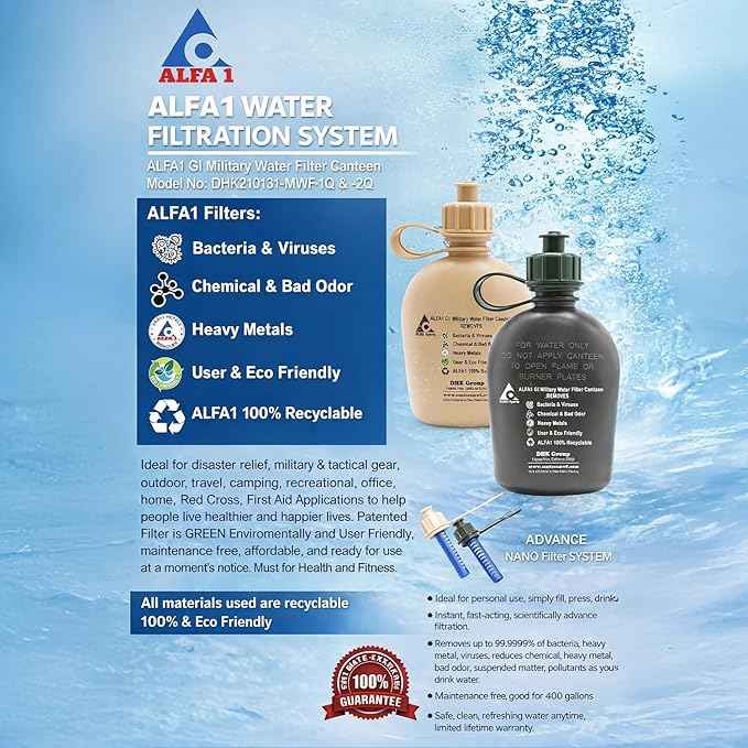 ALFA1 OD GI Military Water Filter Canteen 1 Quart/32oz | Built-in Nano Filter | Improves Taste & Odor | Leak Proof BPA-Free Plastic | Camping, Hiking, Backpacking, Outdoor & Travel