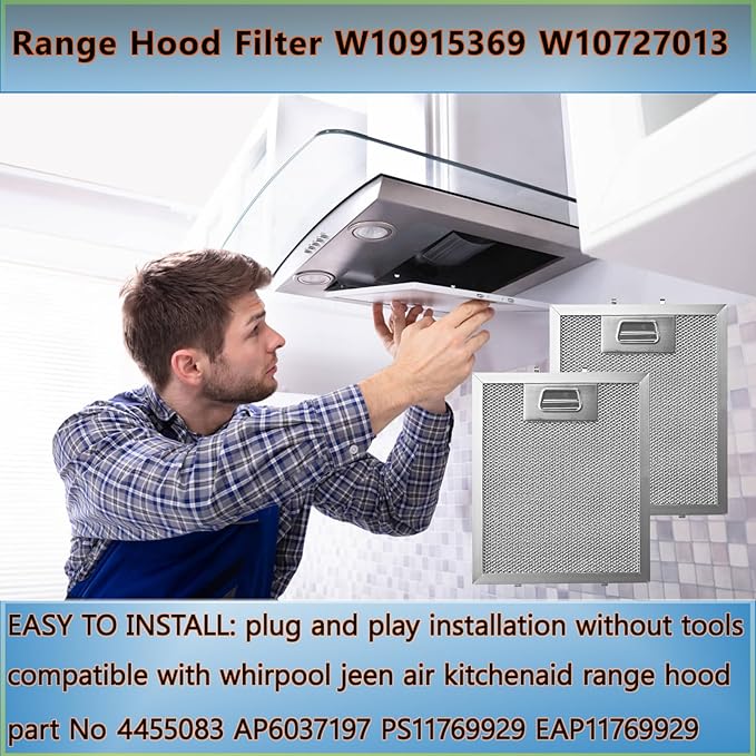 W10915369 Range Hood Filter 8.75 X 7.5 Inch Fit for Kitch-en Aid Whirlpo-ol Je-nn Air Exhaust Fan Filters 5-Layer Aluminum Grease Vent Filter Replacement PS11769929 W10727013 AP6037197 4455083 2pack