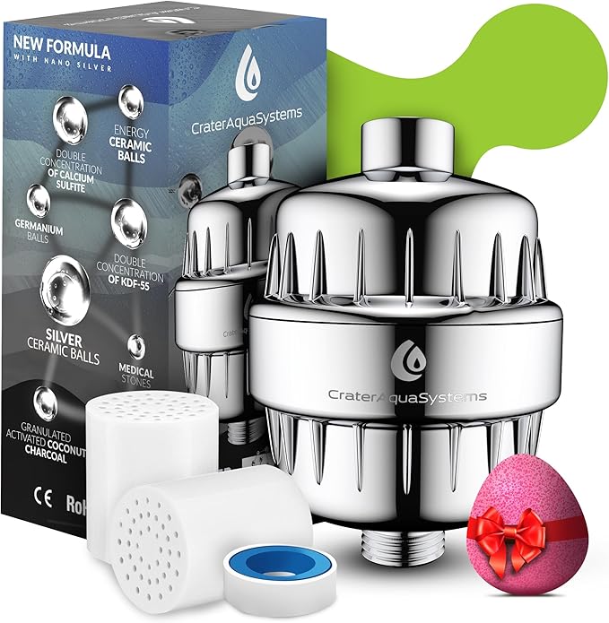Shower Filter with Silver layer - Multi Stage shower head for Hard Water - Remove Chlorine Fluoride Lead - 2 Cartridge Replacement - High Output Water Softener - Suitable for All Rain Showerheads