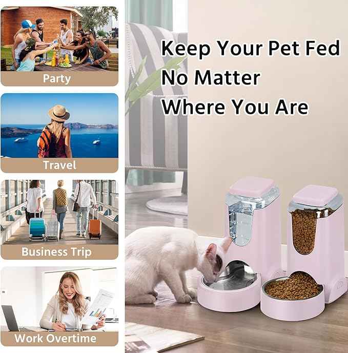 2 Pack Automatic Cat Feeder and Stainless Steel Water Dispenser, Gravity Dog Waterer Set Food Feeder and Waterer Set for Small Medium Kitten Puppy Pets(1 Gallon x 2, Violet)