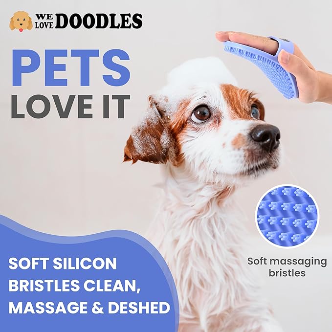 Dog Grooming Bath Brush, Pet Rubber Brush For Shower Scrubbing & Soothing Massage, Ideal for Long & Short Haired Dogs and Cats, Essential Puppy Grooming Accessories, Short Pins [We Love Doodles] - AquaVibe