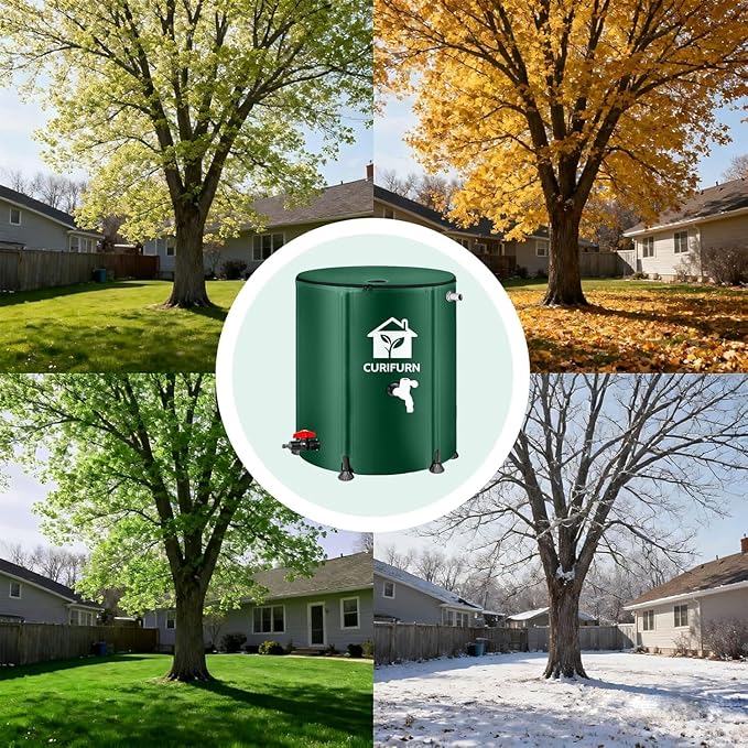 53 Gallon Rain Water Barrel, Portable Rainwater Collect System Water Storage Tank Collapsible Rain Barrel with Filter, Spigot & Overflow Kit (Reinforced Liner+Thickened Legs) - Green