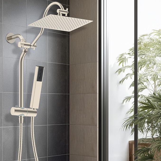 Hibbent cUPC Certified High Pressure 12'' Rainfall Shower Head, Showerhead Combo with 4-mode Handheld Spray, 12'' Adjustable Extension Arm, Extension Bar, Easy Reach Holder, 71'' Hose, Brushed Nickel