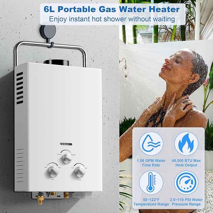 Outdoor Propane Tankless Water Heater - 6L 1.58 GPM Portable Gas Water Heater with Handle & Overheating Protection, Instant Hot Water for RV Cabin Camping Boat Barn
