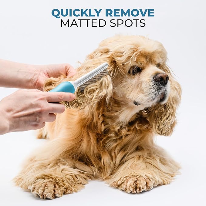 Poodle Grooming Comb - Metal Dematting Comb with Long & Short Stainless Steel Teeth for Removing Matted Hair & Knots, Safe and Gentle for Dogs & Cats - AquaVibe