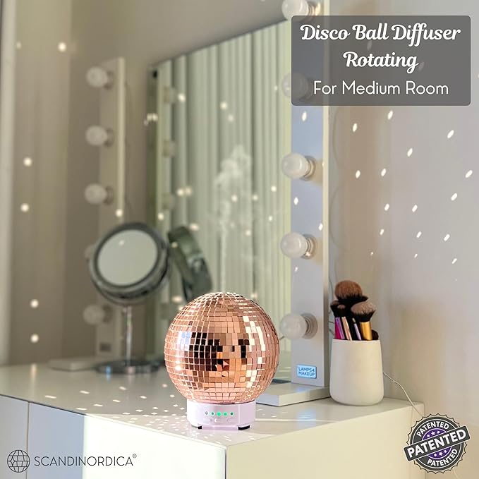 Disco Ball Diffuser Rotating - Aroma Diffuser Essential Oils, Cute Room Diffuser, Disco Ball Party Decorations, Disco Ball Decorations, Disco Ball Light | Fragrance Diffuser for Medium Room Rose Gold