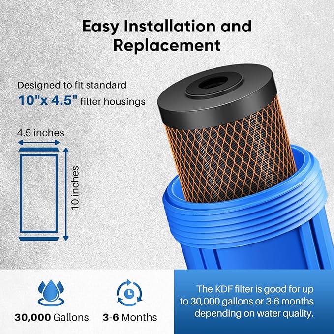 PUREPLUS 5 Micron 10"x4.5" Whole House Water Filter Replacement Bundle 3 Pack – 2× CTO Chlorine Taste Odor Reduction + 1× KDF Heavy Metal Filter – Fits Standard Housings GXWH40L, WFHDC8001, FXHTC