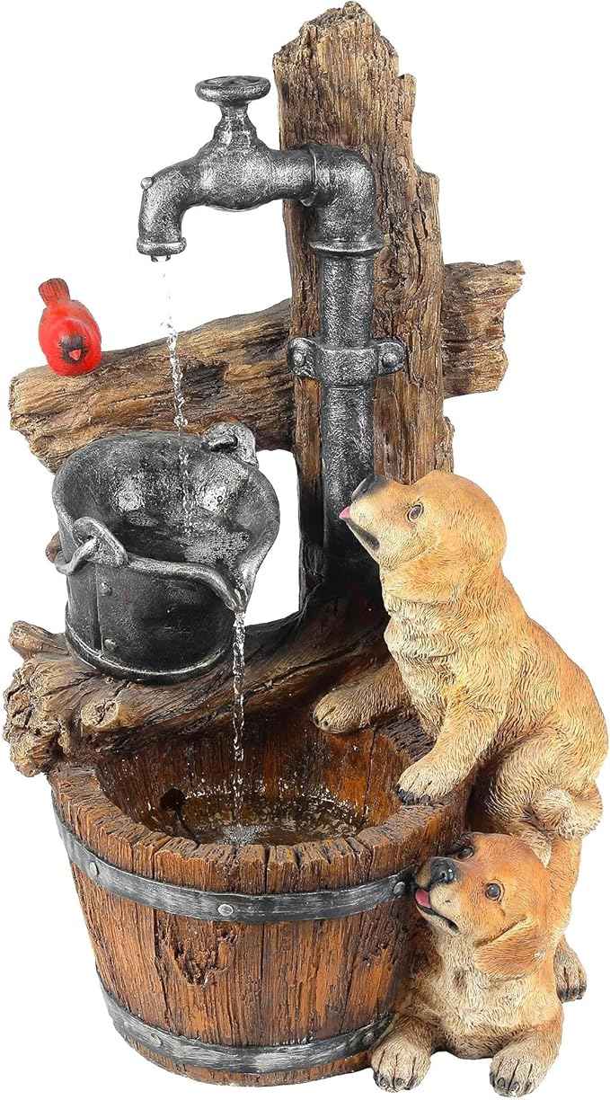 LuxenHome Water Fountain Outdoor, 30" Rustic Outdoor Water Fountain with LED Lights, Rustic Barrel Puppy and Pump Water Feature Outdoor, Garden Fountains Outdoor Patio, Porch, or Indoor Entryway