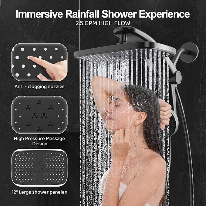 Rain Shower Head with Handheld High Pressure rainfall Shower Heads with Handheld Spray Combo Adjustable one-piece stand daul shower head Built-in Magnetic Docking and Power Jets-Black