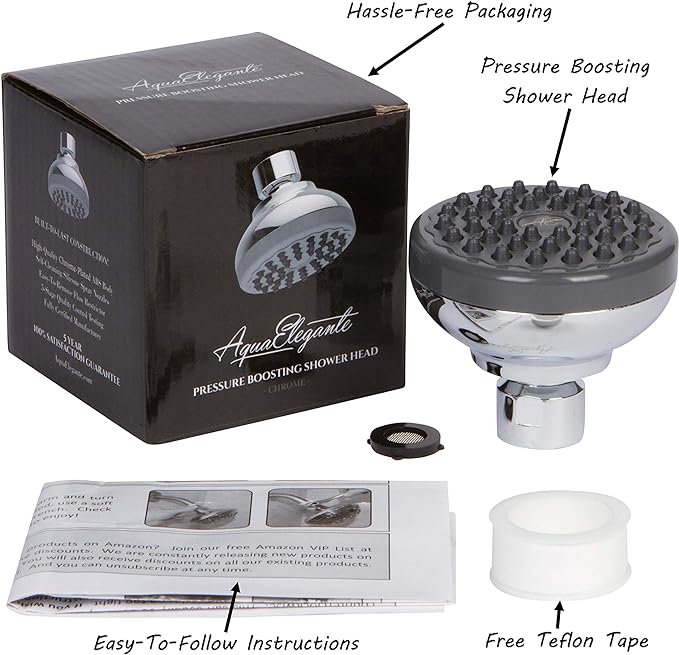 Pressure Boosting Shower Head - High Pressure Water Saver Showerhead Best For Low Flow Showers, 2.5 GPM - Chrome - AquaVibe