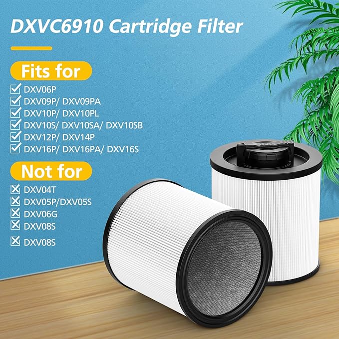 DXVC6910 Cartridge Filter Replacement Compatible with DeWalt DXV06P DXV09P DXV10P DXV10PL DXV10SA DXV12P DXV14P DXV16P Wet/Dry Vac Vacuum Cleaner (NOT fits for DXV06G/ DXV08S) 2 Pack - AquaVibe