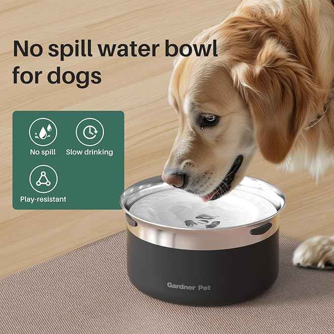 Gardner Pet Dog Bowls 1 Gallon (3.85L) Stainless Steel No Spill Water Bowl, Slow Water Feeder Metal Dog Bowls, Spill Proof Water Dispenser for Large Dogs, Promotes Healthy Hydration(Black)