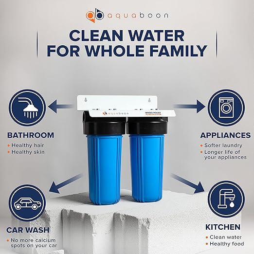 Aquaboon 2-Stage Whole House Water Filter System with 10x4.5 Water Filter Cartridges | Reducing Sediment & Odors with Gauge & Release, Wrench, Bracket