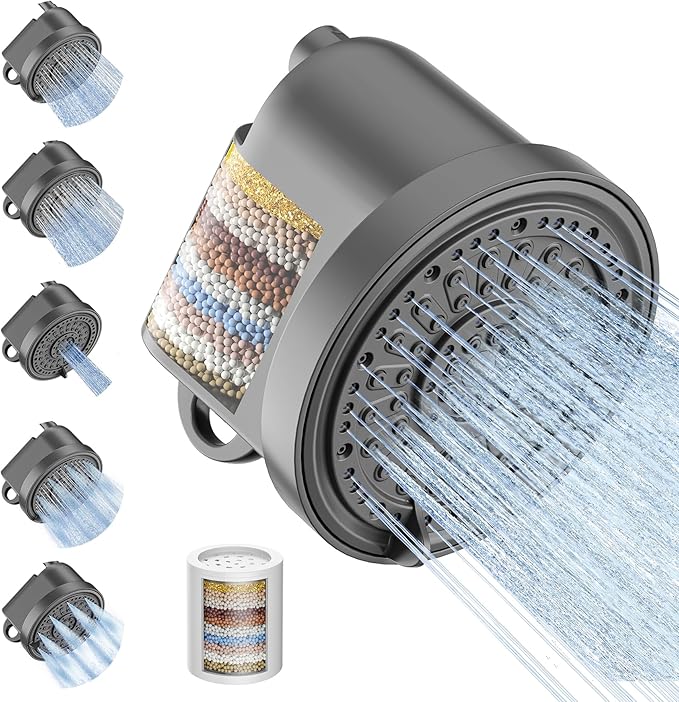 Filtered Shower Head with 30 Stage Water Softener Filter, 6 Inch High Pressure Showerhead for Hard Water, 5 Spray Modes to Remove Chlorine & Heavy Metals, Easy Install Fixed Shower Head