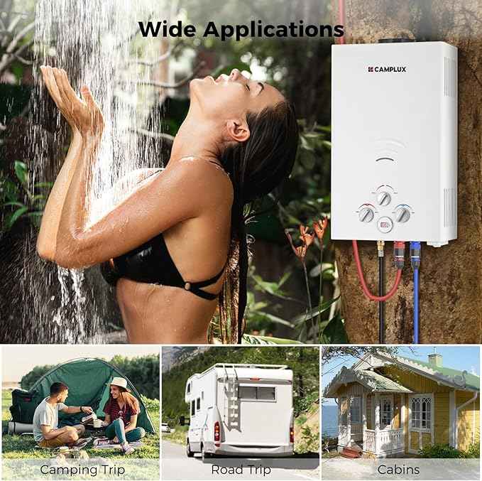 CAMPLUX Portable Propane Water Heater - 2.64GPM, 3.3GPM Pump & Pipe Strainer, 68,000 BTU for Camping & Off-Grid Cabins