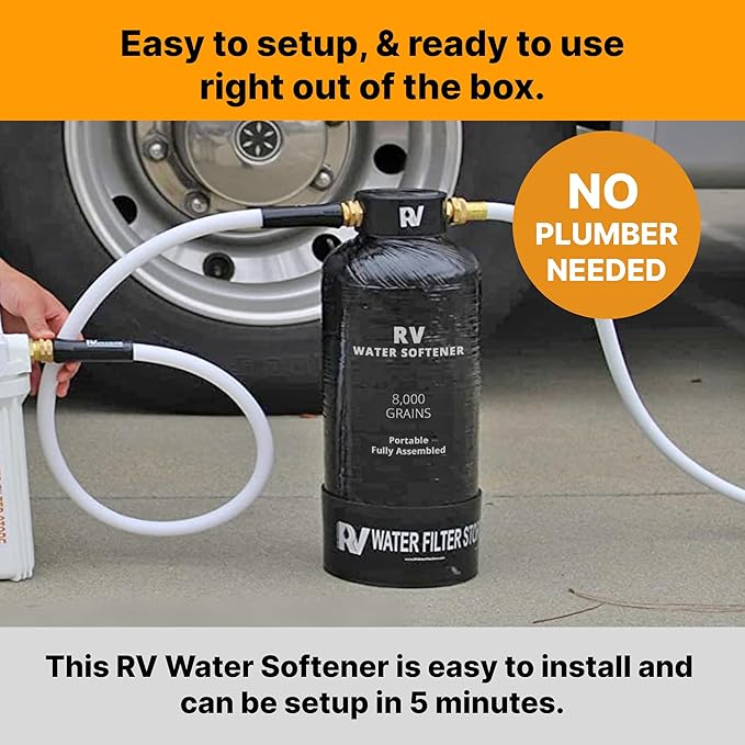 Essential RV Water Softener Portable 8,000 Grain w Custom Hose, 3/4" Fittings, Softens Hard Water for RV's Vanlife Nomads Boondockers, New Lighter & Compact Model Easy Storage