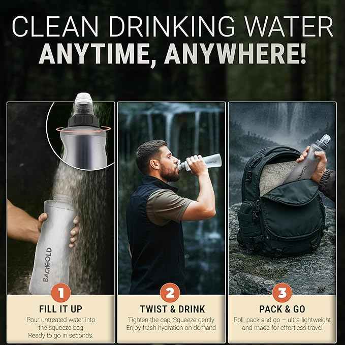 Water Filter Camping – Bachgold Foldable Squeeze Portable Water Filter for Hiking, Backpacking & Emergency Use | Ultralight Outdoor Filtration Bottle, Swiss Design