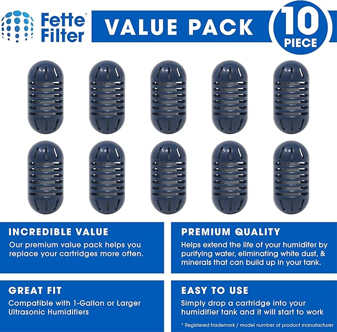 Fette Filter - Ultrasonic Demineralization Humidifier Replacement Cartridges Filters Mineral Deposits, Purifies Water, Eliminates White Dust, Removes Odor, Compatible with HoMedics - Pack of 10