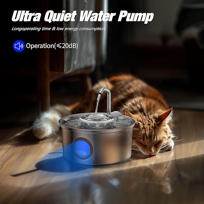 Cat Water Fountain,108oz/3.2L Stainless Steel Cat Fountain and Removable Water Bowl,Pet Fountain with Water Level Window,Quiet Pump,Multi-Filter, Water Tap, Provides Flowing,for Dog Cats