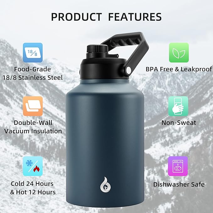 BJPKPK One Gallon(128 oz) Insulated Water Bottle, Dishwasher Safe Stainless Steel Jug, BPA Free Jug with Ergonomic Handle & Anti-slip Bottom, Large Water Bottle, Navy Blue