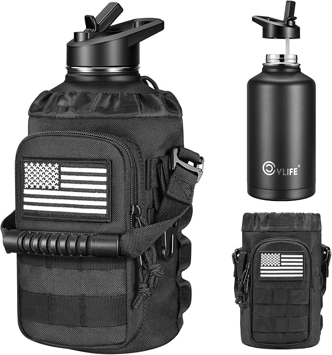 CVLIFE Half Gallon Water Bottle with Straw, 64 oz Insulated Stainless Steel Water Jug, Battle Sports Bottle with Bottle Pouch, Durable Handle, Removable Sleeve for Gym, Hiking, Camping (Black 2 Liter)