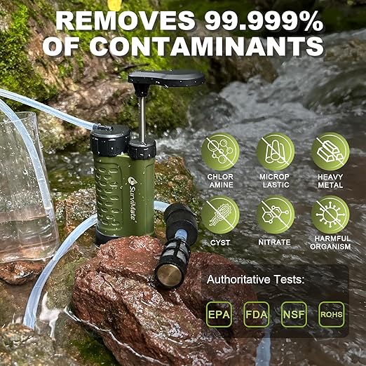 SurviMate Water Purifier Survival Pump，0.01 Micron 5-Stage Water Purifier System，Hand Pump Water Filter Portable Outdoor Emergency，Camping, Hiking, Backpacking