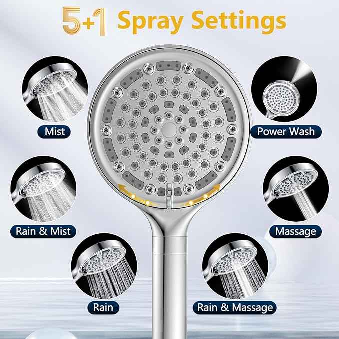 6 Spray Modes Filtered Handheld Showerhead Set, Huge 6-Inch High Pressure Shower Head with Handheld Spray, Chrome Water Softener Shower Head for Hard Water, Built-in Power Wash to Clean Tub