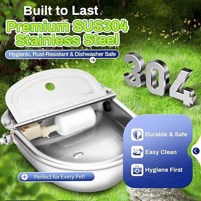 Automatic Animal Drinking Water Bowl with Drain Hole & Float Valve, 71" Extended Pipe, Stainless Steel Waterer Feeder Farm Dog Dispenser Kit Self Filling