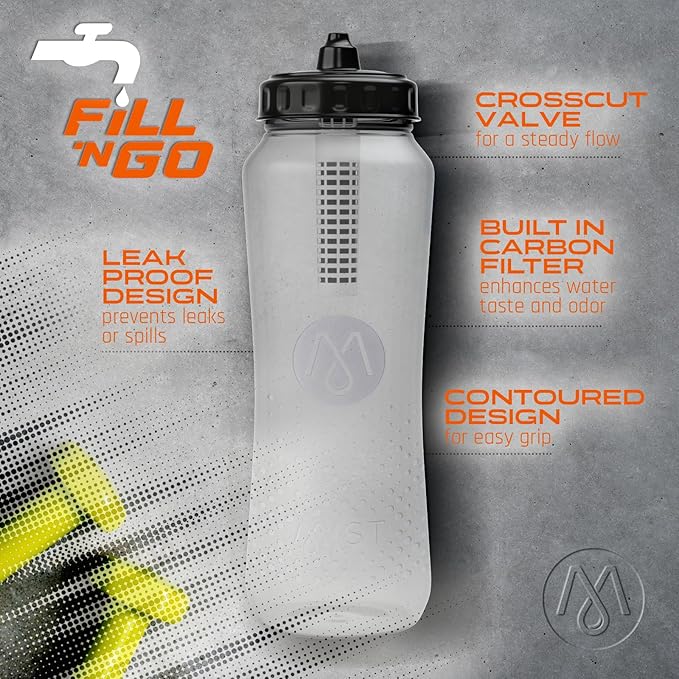 Mist Sports Squeeze Water Bottle with Built-In Filter for Pure Water, Lightweight and Easy Grip Squeeze Water Bottles Sports Quality, Leak Proof & BPA Free Athletic Water Bottle Squirt Top, Black