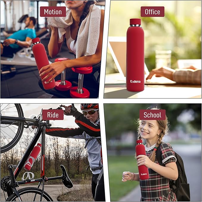 Exllena Slim Insulated Water Bottles for Travel 25oz with Clip, Double Wall Vacuum Stainless Steel Water Bottle Keeps Drinks Cold 24 Hrs/Hot 12 Hrs, 100% Leakproof, BPA Free（Red）
