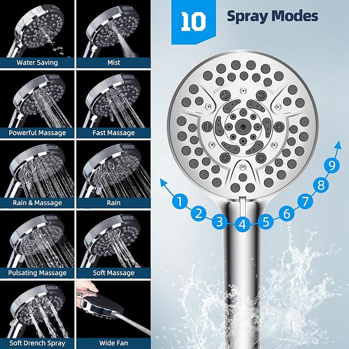 Hibbent All Metal Shower Head, 8'' High Pressure Rainfall Shower Head, Handheld Showerhead Combo with 12'' Adjustable Curved Extension Arm, 10-Spray, 71'' Hose, Adhesive Showerhead Holder, Chrome