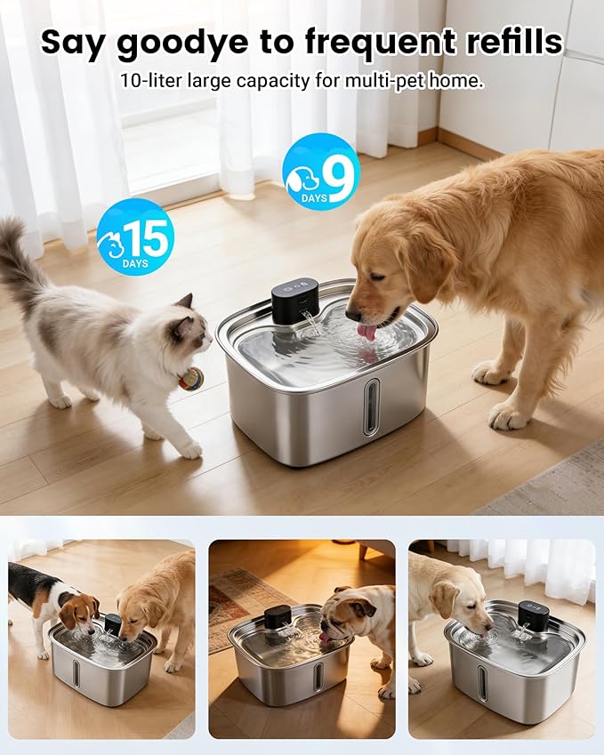 Large Dog Water Bowl Dispenser, 10L/ 338Oz Smart Dog Water Fountain Stainless Steel with APP Monitoring, Automatic Cat Water Fountain for Mutil-Pets Large Dogs 2.64Gal, 3 Fountain Modes 2.4G Wi-Fi