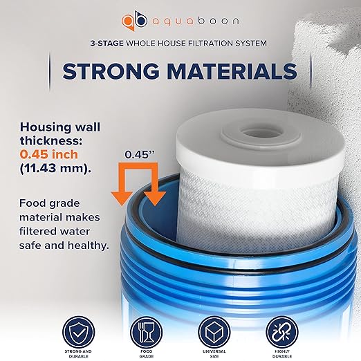 Aquaboon 3-Stage Whole House Water Filter System 20x4.5 inch with Prefilter & KDF, Sediment, Carbon Filters, Gauge & Release, Wrench, Freestanding Steel Frame