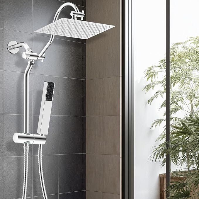 Hibbent cUPC Certified High Pressure 12'' Rainfall Shower Head, Showerhead Combo with 4-mode Handheld Spray, 12'' Adjustable Extension Arm, Extension Bar, Easy Reach Holder, 71'' Hose, Chrome