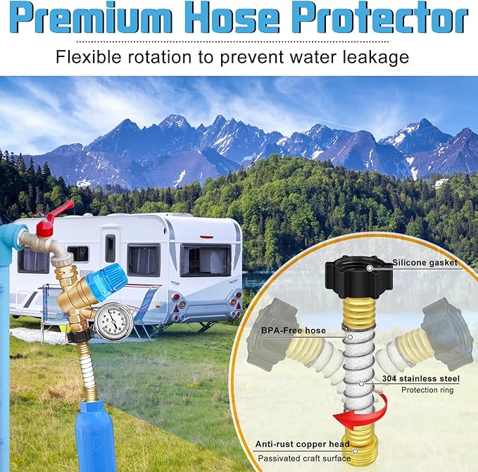 Boltigen RV Water Pressure Regulator Kit, RV Fresh Water Hose Kit with Inline Water Filter, Brass Elbow, Hose Splitter, Hose Quick Connects, Flexible Connector, 3/4'' GHT Leak Repair Kit for RV Camper