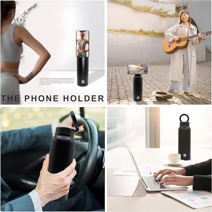 Magsafe compatible insulated water bottle with magnetic phone holder stainless steel 24oz hot 12h & cold 24h 360 rotate double wall stainless steel magnetic water bottle phone mount with straw