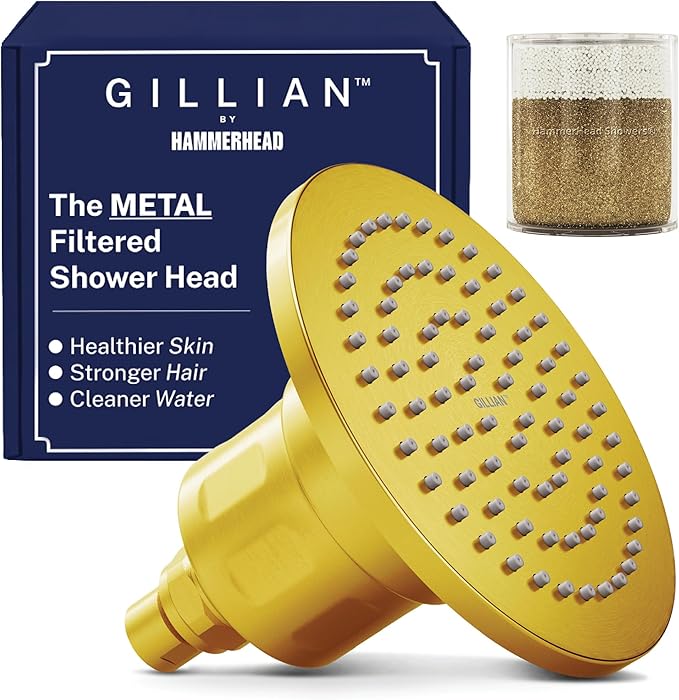 Gillian™ by HammerHead High Pressure Shower Head with Filter – Genuine KDF-55 Metal Hard Water Filtering Shower Head, Healthier Skin & Hair – 6-Inch Rainfall Shower Head with Filters, Brushed Gold