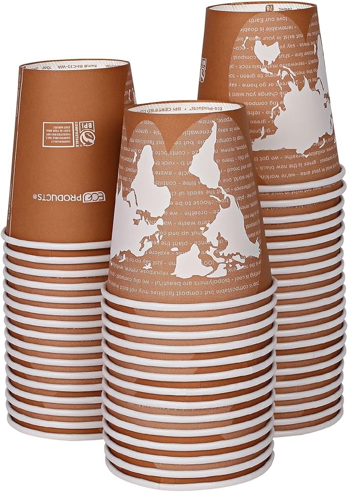 ECO PRODUCTS Compostable Disposable World Art 10oz Coffee Cups, Pack of 50, Renewable Hot Paper Cup, Plant Based PLA Lining, Color Coded