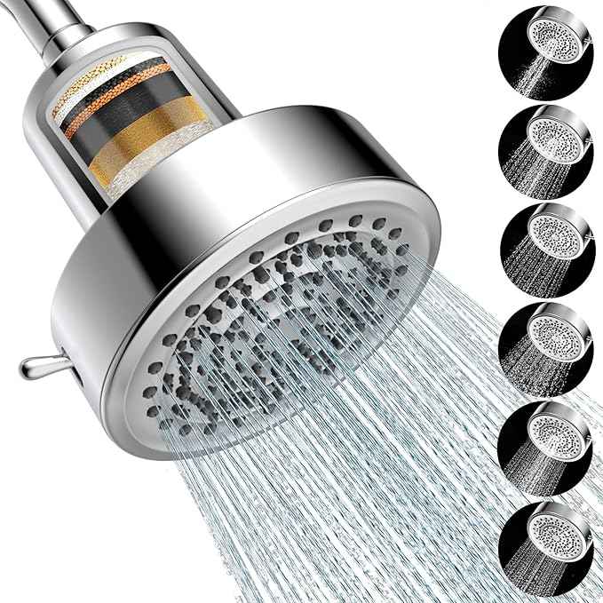 Filtered Shower head for Healthier Hair & Skin – Removes Chlorine & Heavy Metals,High Pressure 6 Mode Settings Shower Head Filter for Hard Water, Easy install,One-touch Quickly Filter Replacement