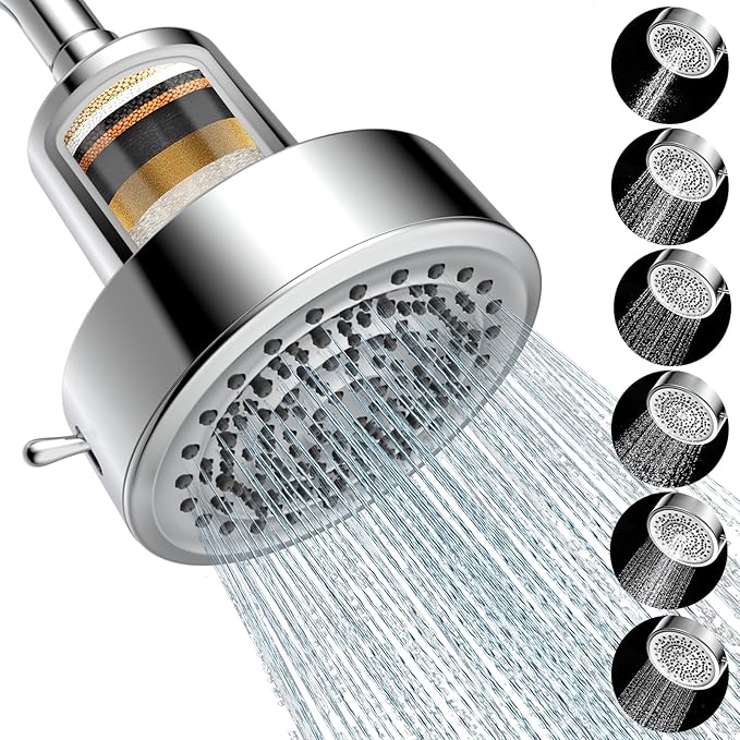 Filtered Shower head for Healthier Hair & Skin – Removes Chlorine & Heavy Metals,High Pressure 6 Mode Settings Shower Head Filter for Hard Water (Chrome)