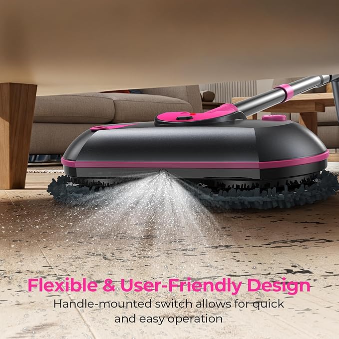 ScrubWiz Cordless Electric Spin Mop with Water Sprayer, 300ml Tank Self-Propelled Floor Cleaner for Hardwood & Tile, Quiet Cleaning, Adjustable Handle, 2500mAh Long-Lasting Battery, Pink