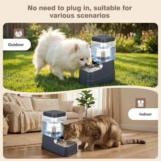 1.1 Gallon Pet Automatic Dog Water Dispenser Cat Gravity Waterer Feeder with Stainless Steel Bowl Large Capacity Puppy Feeding Raised Bowls with Filter,Ice Pack (Charcoal Gray, 4L(1.1 Gallon))