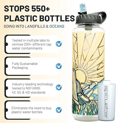 Epic Water Filters Nalgene OG Water Bottle with Filter, USA Made, BPA Free, Removes 99.99% Tap Water Contaminants, Forever Chemicals, Honnold Foundation Art, 48 oz