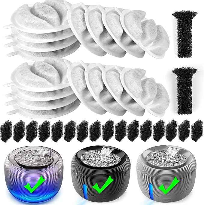 Kastty Cat Water Fountain Filter Replacement, 3.5L Cat Water Filter Made of Activated Carbon and PP Cotton,16 Pet Water Fountain Filter 16 Pack Replacement Pump with 2 Sound-absorbing Cotton(L04)