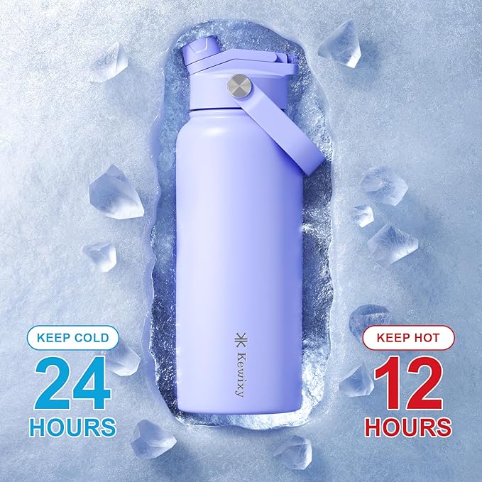 KEWIXY 32 oz Insulated Water Bottle, 2-in-1 Lid, Straw & Spout with Protected, Leak Proof, Keep Cold, Stainless Steel, Metal, Reusable, Handle, for Outdoor, Gym and School, 2 Lids, Aurora Blue