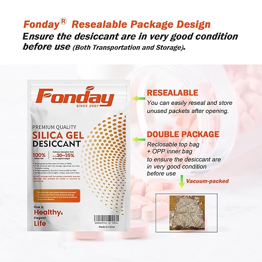 5Gram 60Packets Fonday Rechargeable Silica Gel Desiccant Packets Food Grade Fast Reactivate Desiccant Bags Moisture Indicating Orange to Green