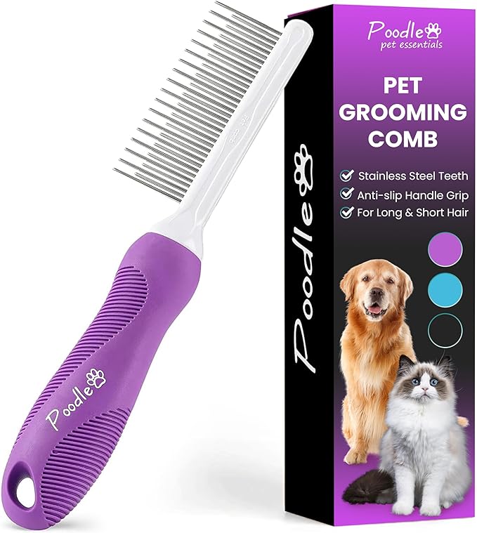 Poodle Pet Detangling Pet Comb with Long & Short Stainless Steel Teeth for Removing Matted Fur, Knots & Tangles – Detangler Tool Accessories for Safe & Gentle DIY Dog & Cat Grooming - AquaVibe